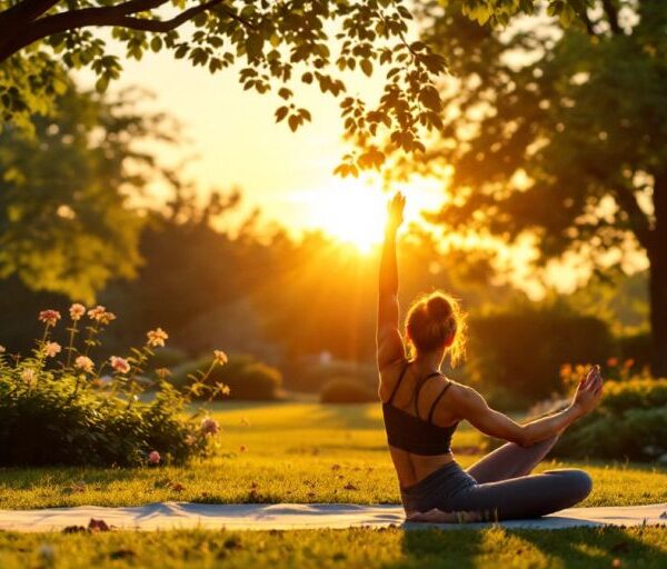 Person doing yoga in a peaceful park setting.