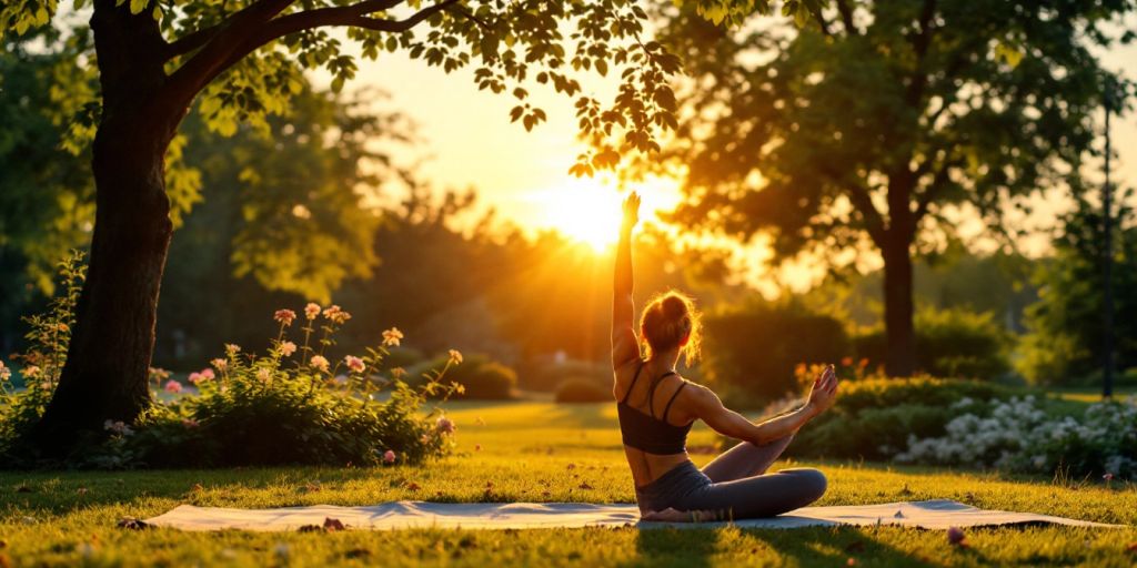 Person doing yoga in a peaceful park setting.