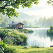 Tranquil nature scene with greenery and calm water.