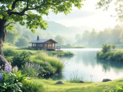 Tranquil nature scene with greenery and calm water.