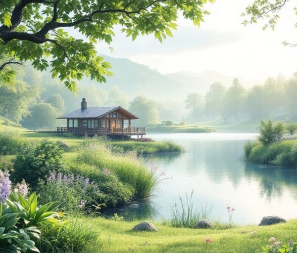 Tranquil nature scene with greenery and calm water.