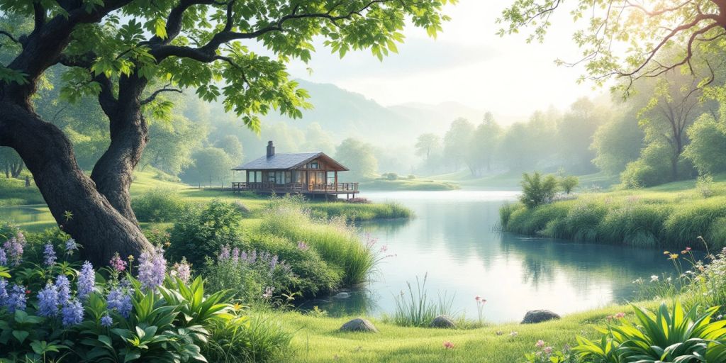 Tranquil nature scene with greenery and calm water.