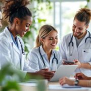 Healthcare professionals collaborating in a modern clinic setting.