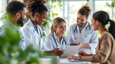 Healthcare professionals collaborating in a modern clinic setting.