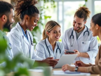 Healthcare professionals collaborating in a modern clinic setting.