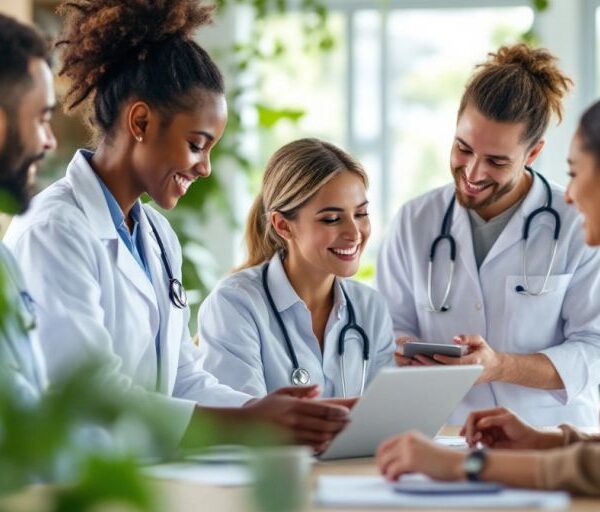 Healthcare professionals collaborating in a modern clinic setting.