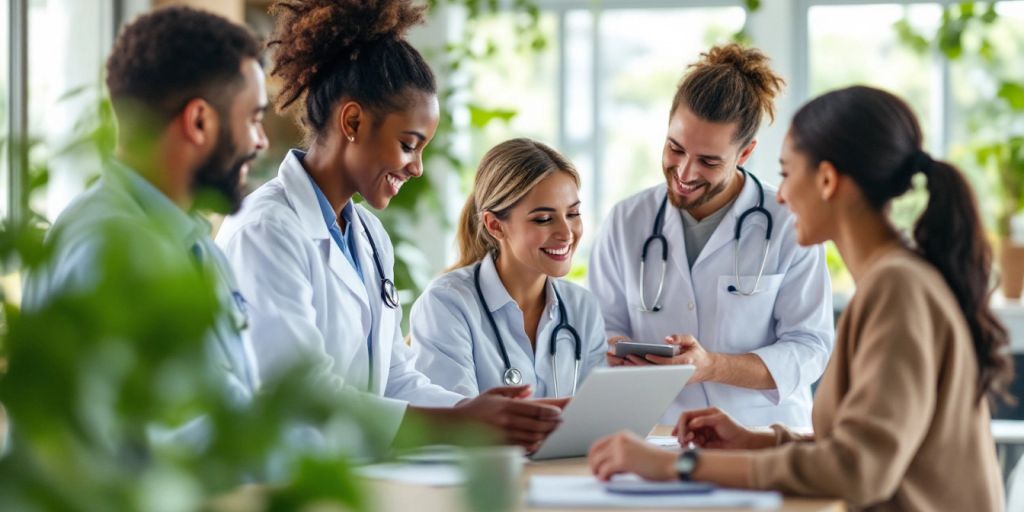 Healthcare professionals collaborating in a modern clinic setting.