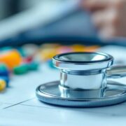 Stethoscope, pills, and syringe on a medical notebook.