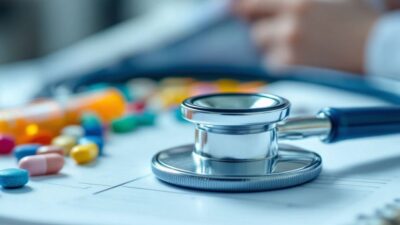 Stethoscope, pills, and syringe on a medical notebook.