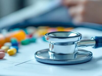 Stethoscope, pills, and syringe on a medical notebook.