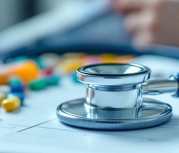 Stethoscope, pills, and syringe on a medical notebook.