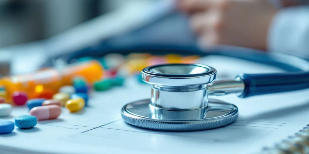 Stethoscope, pills, and syringe on a medical notebook.