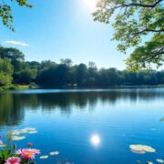 Serene landscape with a lake and lush greenery.