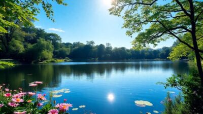 Serene landscape with a lake and lush greenery.