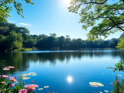 Serene landscape with a lake and lush greenery.