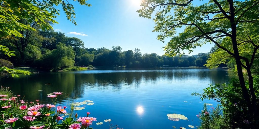 Serene landscape with a lake and lush greenery.