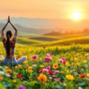 Person practicing yoga in a serene, natural landscape.