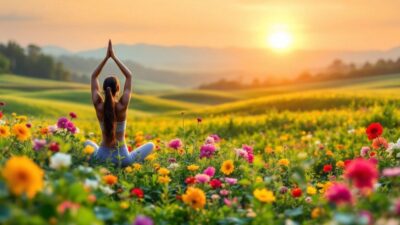 Person practicing yoga in a serene, natural landscape.