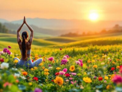 Person practicing yoga in a serene, natural landscape.