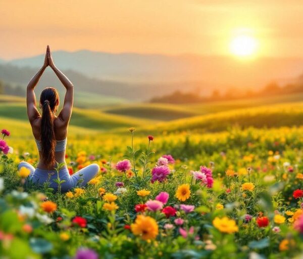 Person practicing yoga in a serene, natural landscape.