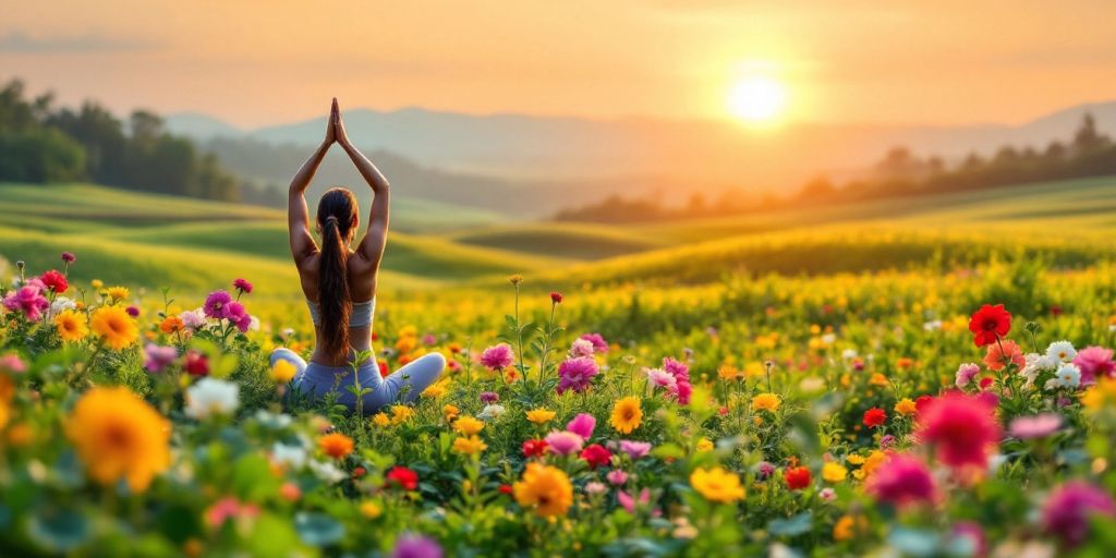 Person practicing yoga in a serene, natural landscape.