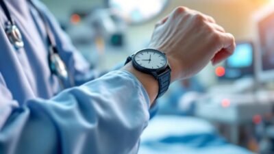 Healthcare professional checking time in a hospital setting.