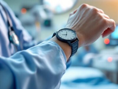 Healthcare professional checking time in a hospital setting.