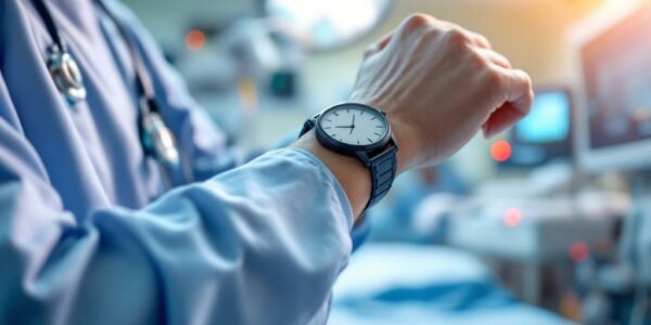 Healthcare professional checking time in a hospital setting.