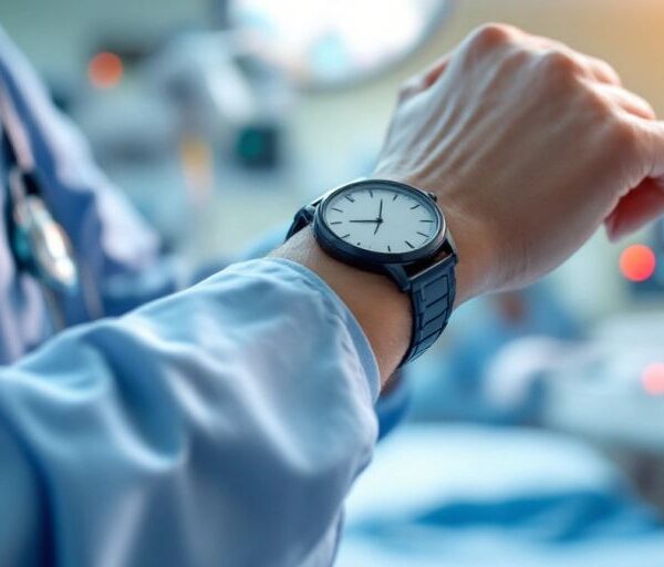 Healthcare professional checking time in a hospital setting.