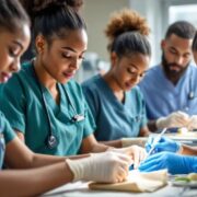 Healthcare students practicing essential medical skills in a clinic.