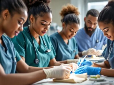 Healthcare students practicing essential medical skills in a clinic.