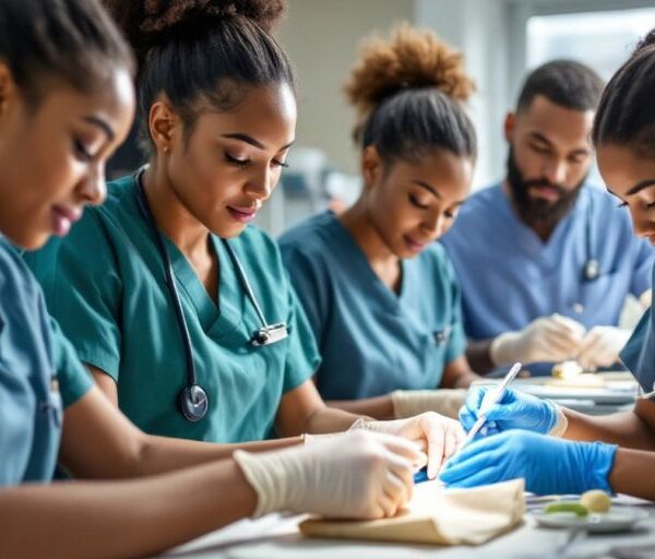 Healthcare students practicing essential medical skills in a clinic.