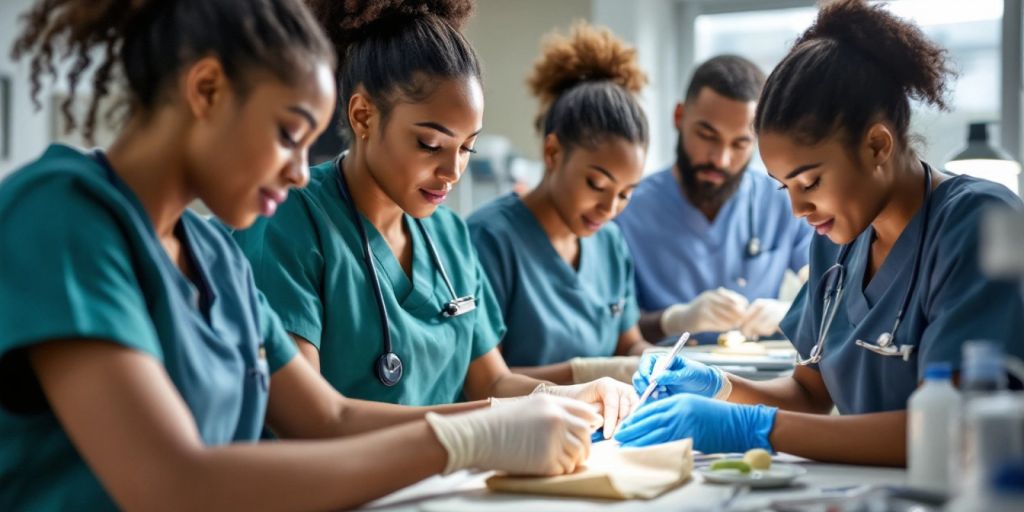 Healthcare students practicing essential medical skills in a clinic.