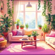 Cozy living space with plants and warm lighting.