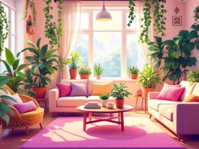 Cozy living space with plants and warm lighting.