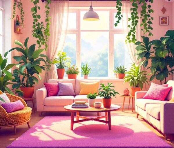 Cozy living space with plants and warm lighting.