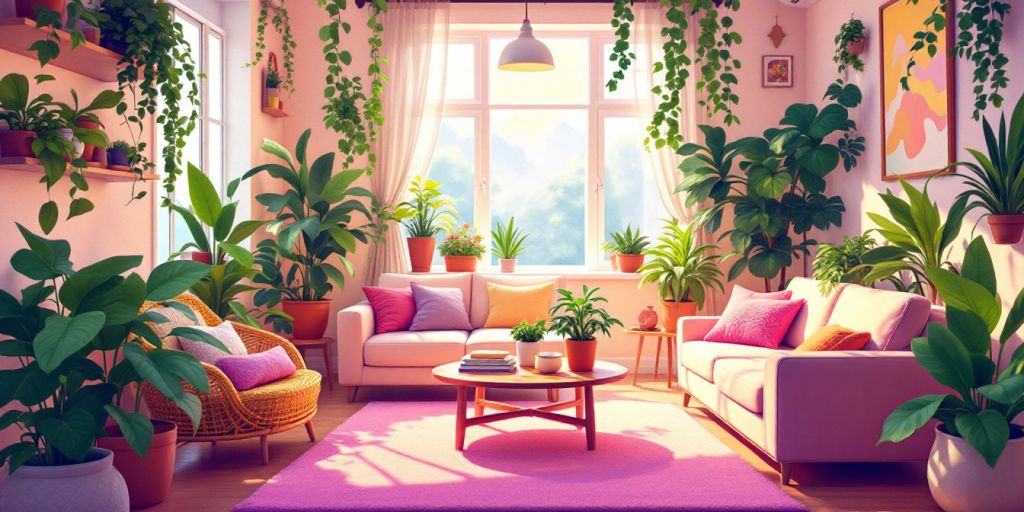 Cozy living space with plants and warm lighting.