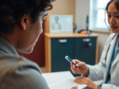 Patient and doctor in a warm clinic setting.