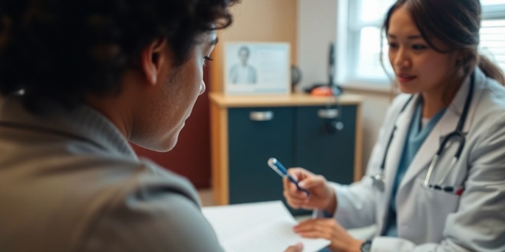 Patient and doctor in a warm clinic setting.