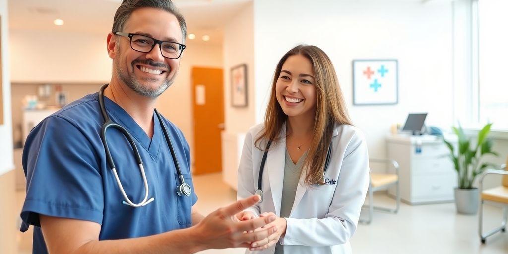 Medical professional with patient in a quick care clinic.