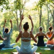 Group practicing yoga in a tranquil outdoor setting.