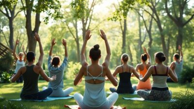 Group practicing yoga in a tranquil outdoor setting.