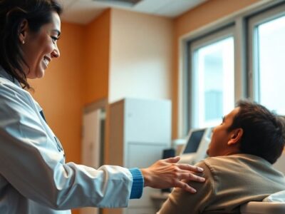 Healthcare professional assisting a patient in urgent care.