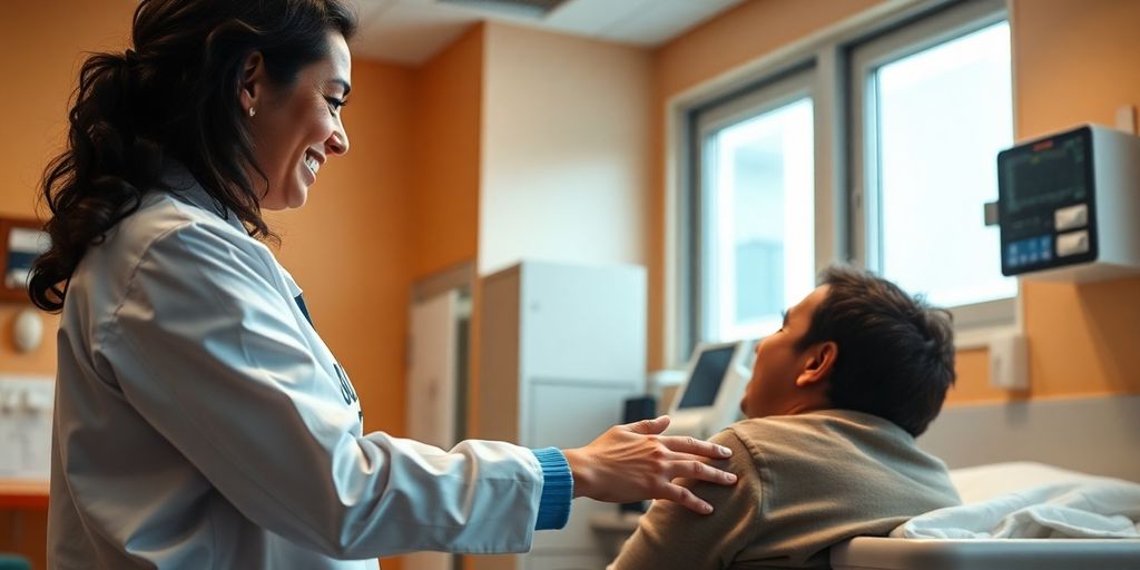 Healthcare professional assisting a patient in urgent care.