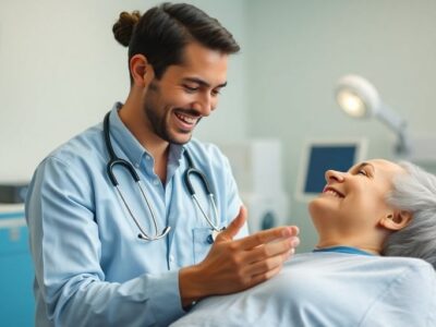 Friendly healthcare professional caring for a patient in clinic.