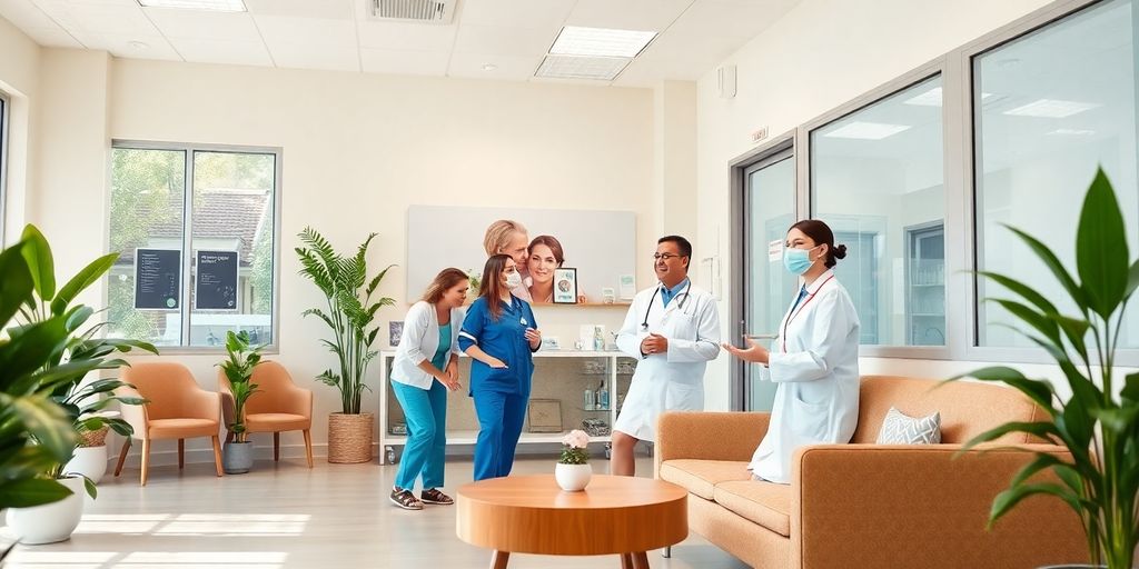 Interior of a friendly health clinic with comfortable seating.