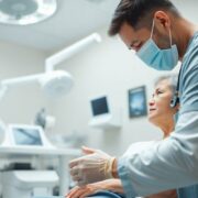 Medical professional helping patient in modern clinic.