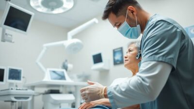 Medical professional helping patient in modern clinic.