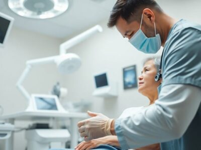 Medical professional helping patient in modern clinic.