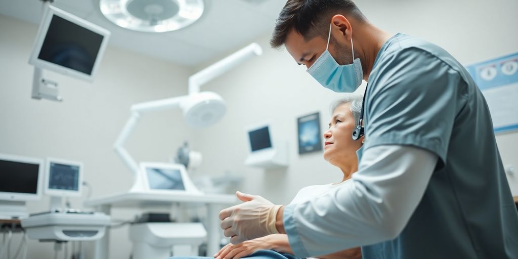 Medical professional helping patient in modern clinic.